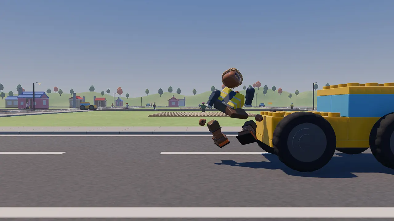 A townsperson in a work vest pops apart into bricks.